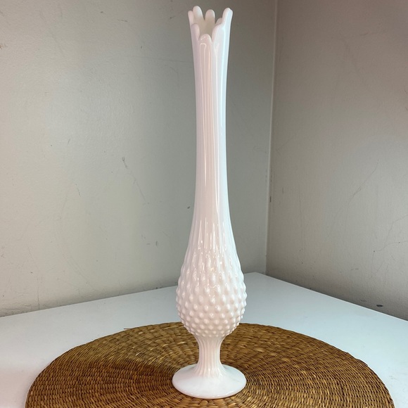 Vintage Mid Century Modern Fenton Hobnail Milk Glass Footed Swung Vase